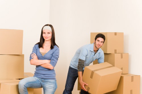 Packed office items ready for relocation in a West Kensington business premises